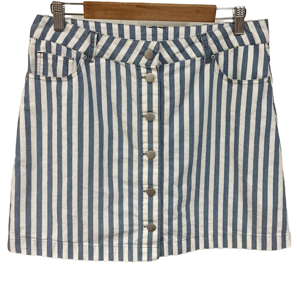 FOREVER 21 sz X Large Mini Skirt Striped Button Down Front Pockets Blue White